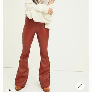 Free People Vegan Leather Flare Stretch Mid Rise In Rust Zipper Pants Size 27
